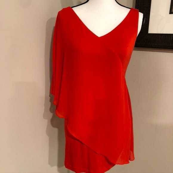 bebe Tops - *BEBE* Red-Orange Sheer Asymmetric Sleeveless Top